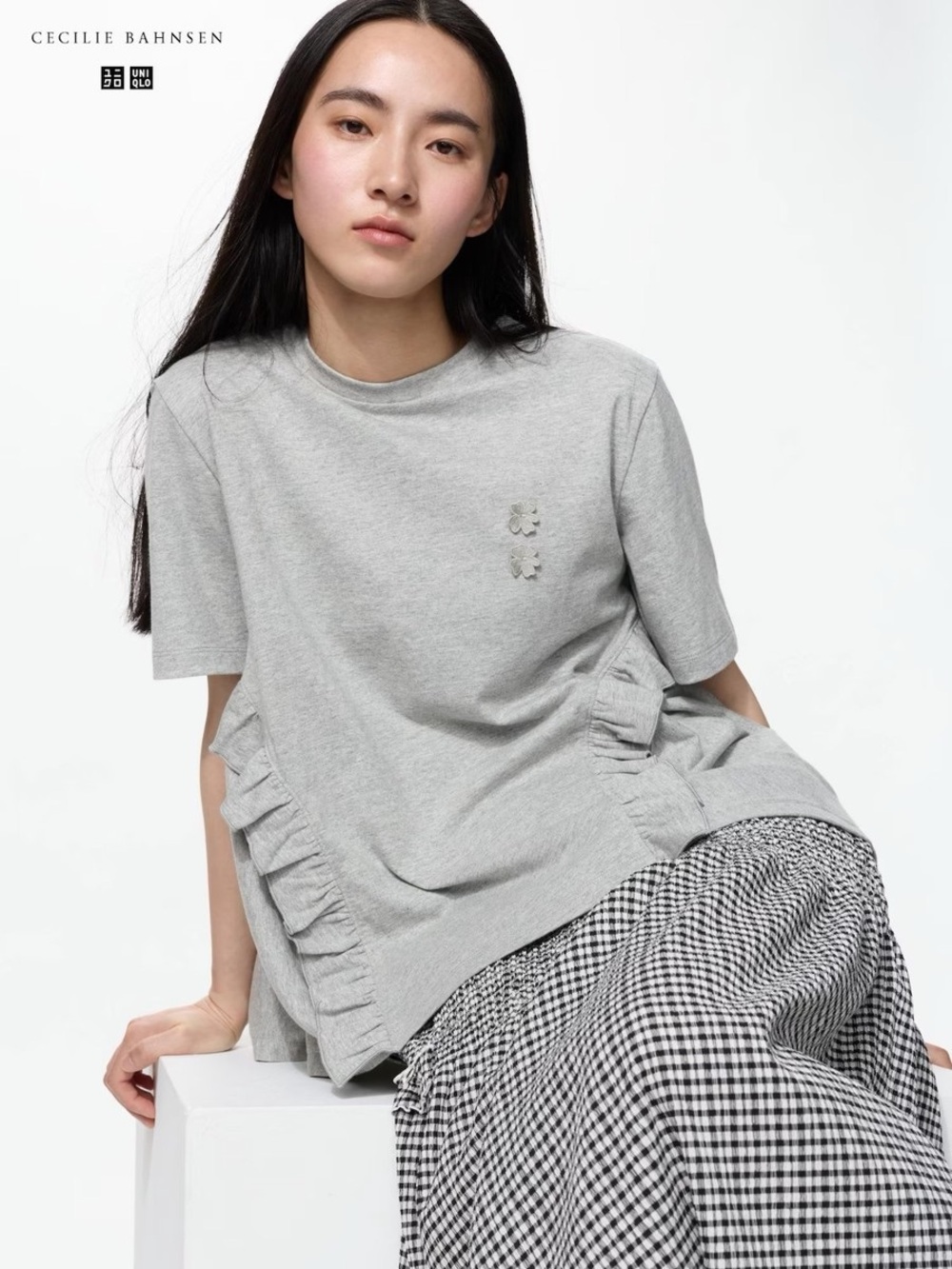 Cecilie Bahnsen Light Gray Ruffle-Trim Short Sleeve Tee